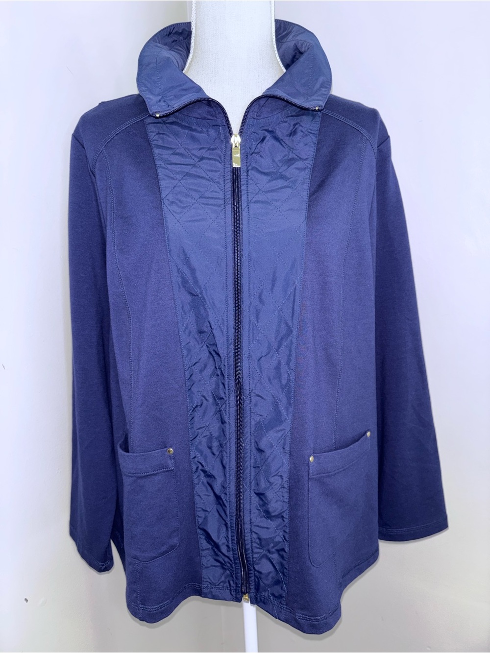 Susan Graver Weekend navy blue zip front mock neck French terry jacket size 1X
